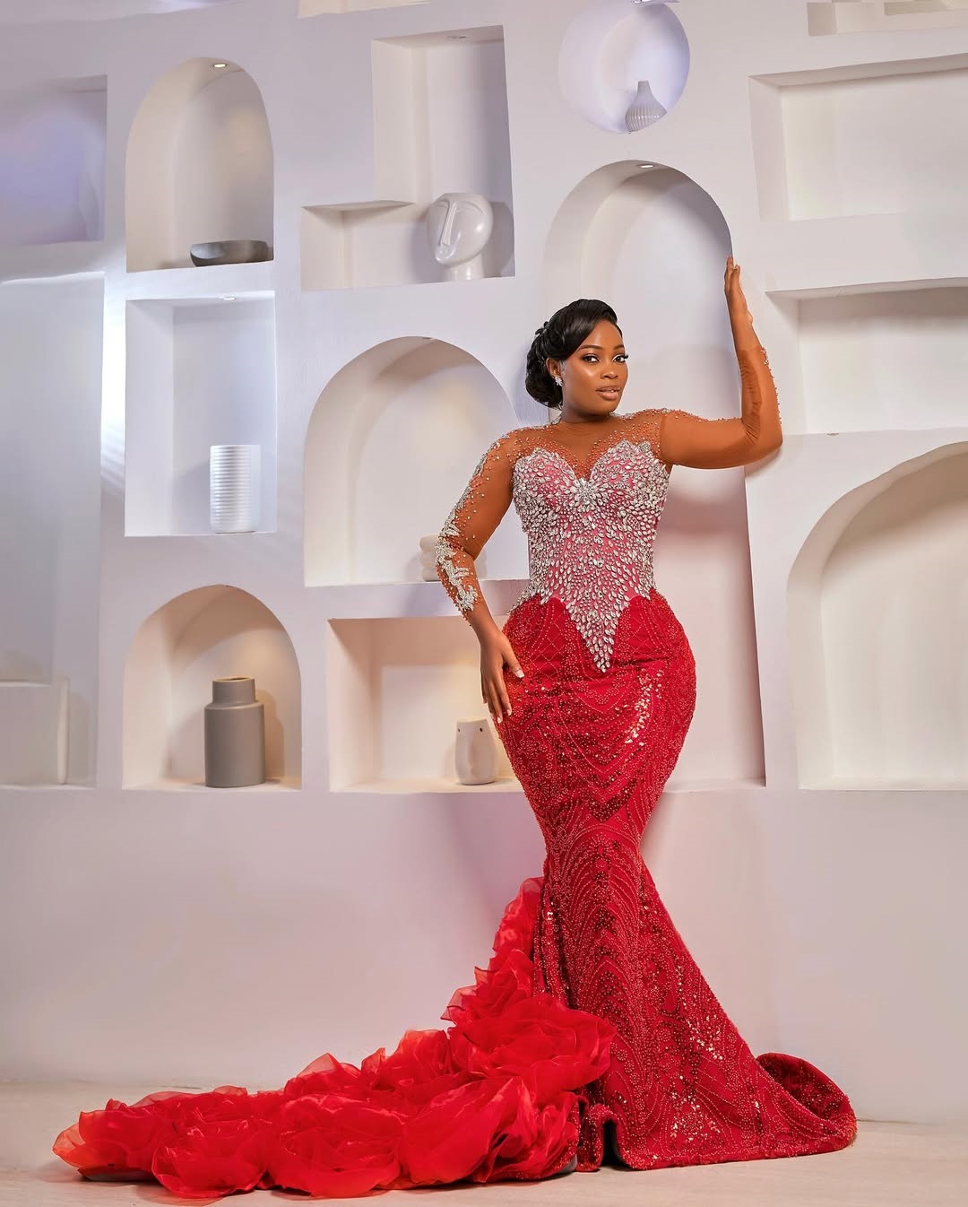 Mermaid Red Plus Size Prom Dress 2025 Evening Dresses For Special Occasions Sheer Neck Beaded Lace Appliqued Crystal Illusion Birthday Second Receptio