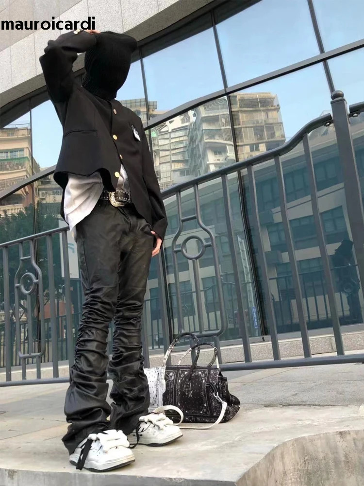 Mauroicardi Spring Autumn Long Fitted Skinny Matte Black Pu Leather Ruched Stacked Pants Men er Clothing Trousers 250812
