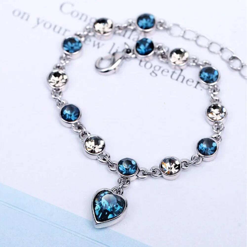 Women Sier Color Lucky Female Blue Crystal Heart Charm Pulseras Bracelet Bridal Wedding Engagement Fine Jewelry Gift