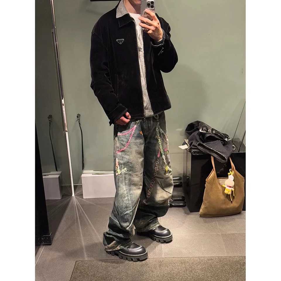 3D Printed Candy Chain Denim Washed Jeans Baggy Fashion Curved Blade Harem Jeans Pants Men Y2k Wide Leg Trousers X250812