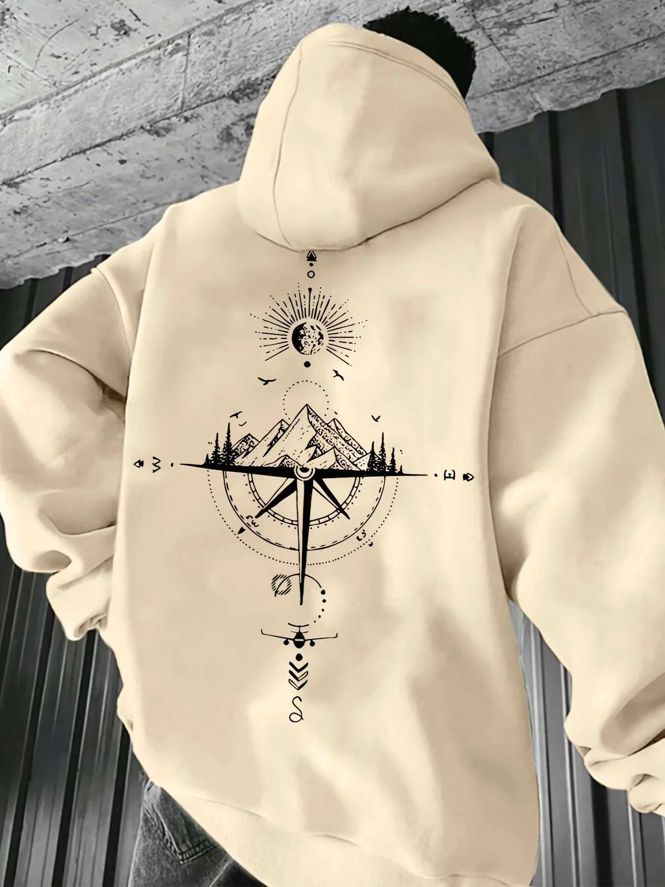 Mens Autumn and Winter Starry Sky Printed Hooded and Fleece Sweatshirt Versatile Sporty and Casual Loose Hooded Sweatshirt Y250811