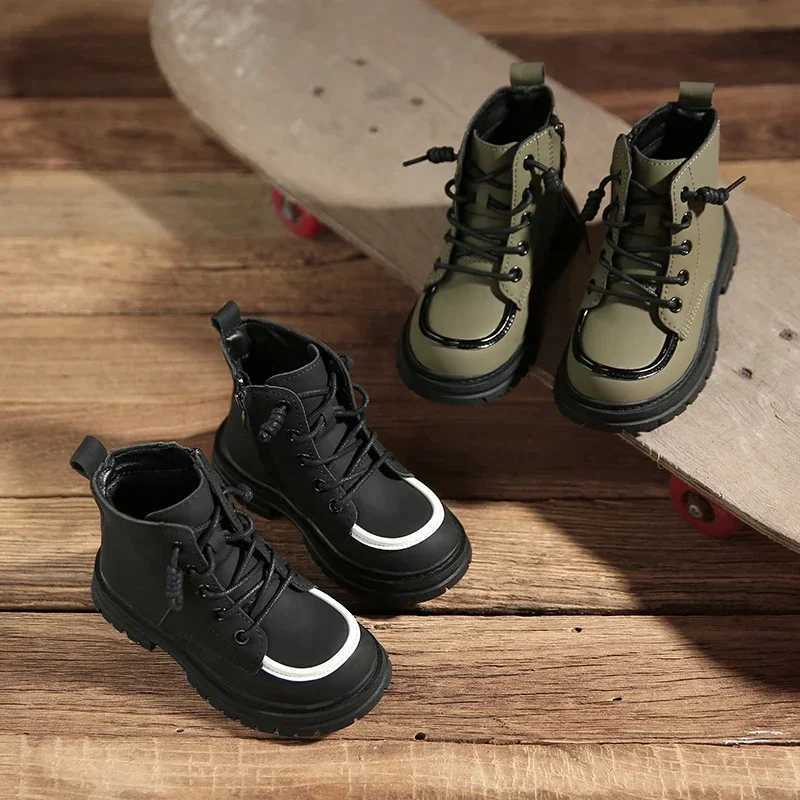 New Children Boots Soft Leather Handsome Lace-up Trendy Kids Short Boots Matte PU Leather Anti-slip Unisex Boys Girls Shoes XJ250812