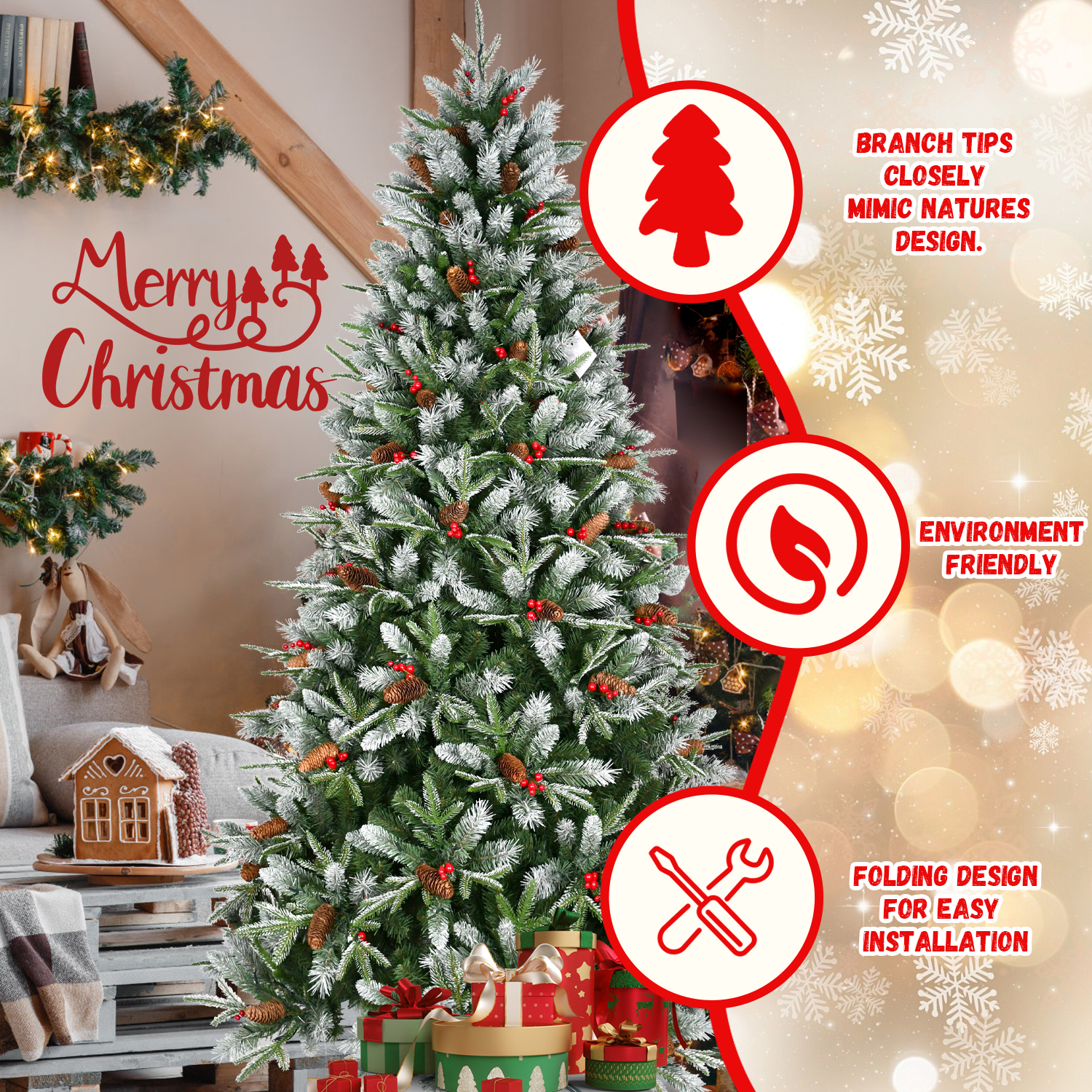 Large encrypted Pre-lit Christmas tree PE/PVC Mixed Branc tips, Red fruit and Pine cone, Foldable stand
