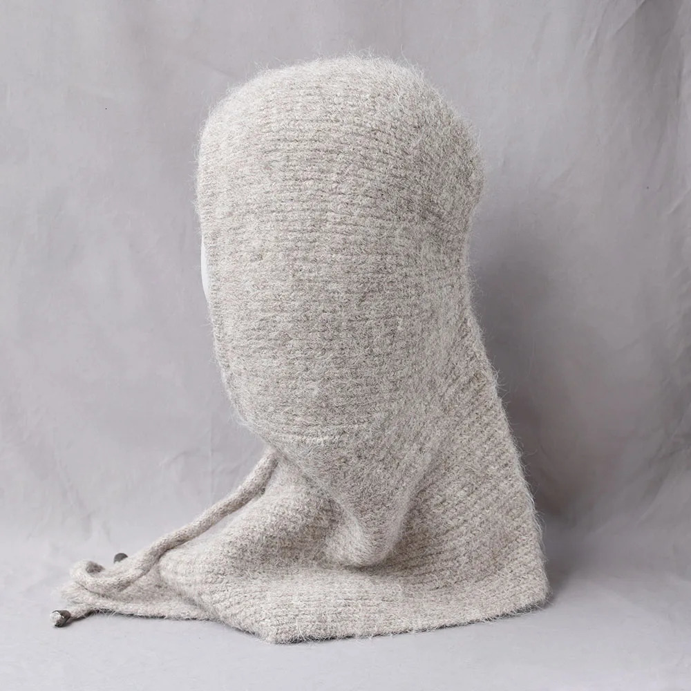 Unisex 100%Wool Knitted Balaclava Winter Ear Face Neck Protect One-Piece Scarf Hat Soft Warm Hooded Beanies Twist False Collar 250808
