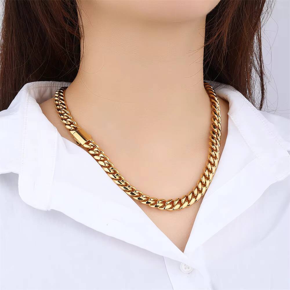 Classic High Polish Heavy Mens Hiphop Stainless Steel Chunky Maimi Curb Cuban Link Chain Men 18k Gold Plated Necklace