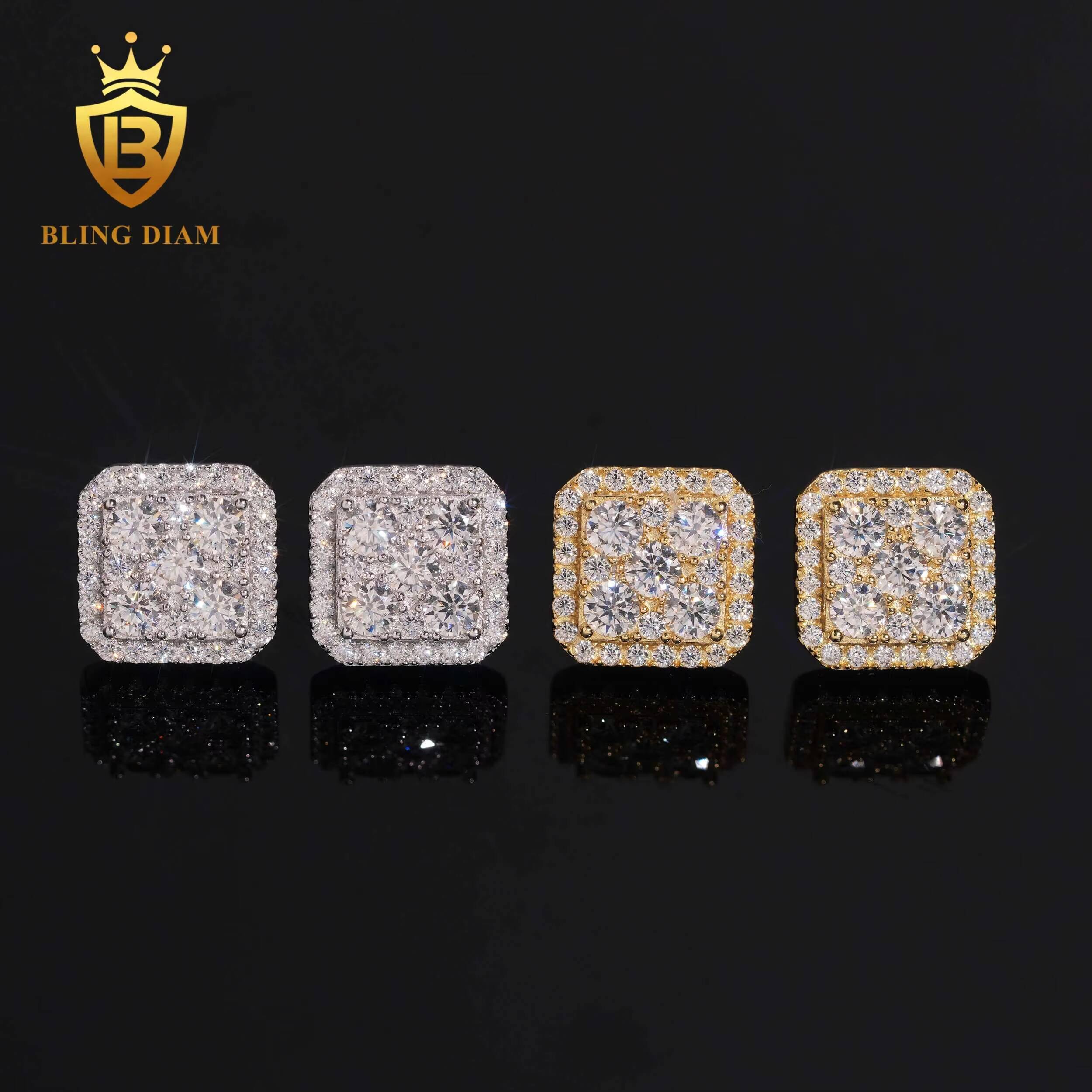 Trendy Jewelry Wholesale 925 Silver Gold Plated Vvs Moissanite Diamond Square Earrings Screw Back Stud Cluster for Man Women