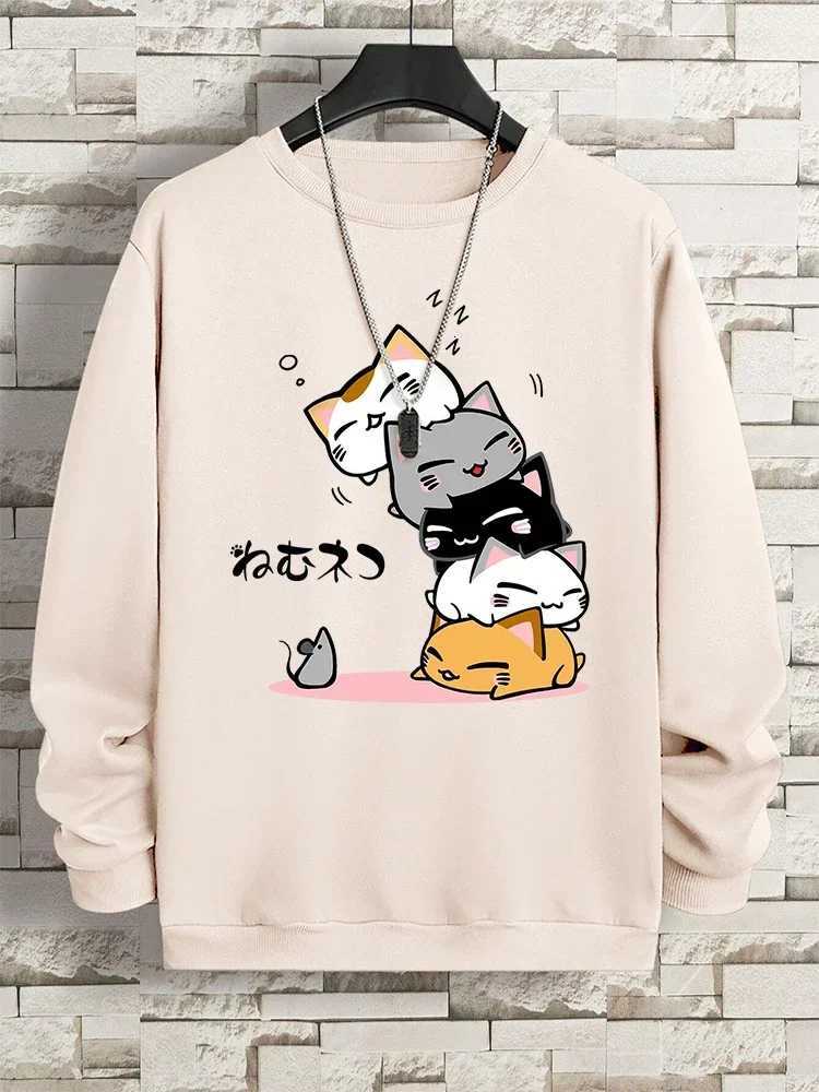 Cute Stacked Cats Sleep Clothing Man Hoody Hip Hop O-Neck Sweatshirts Vintage Casual Loose Hoodies Autumn New Loose Clothes Y250811