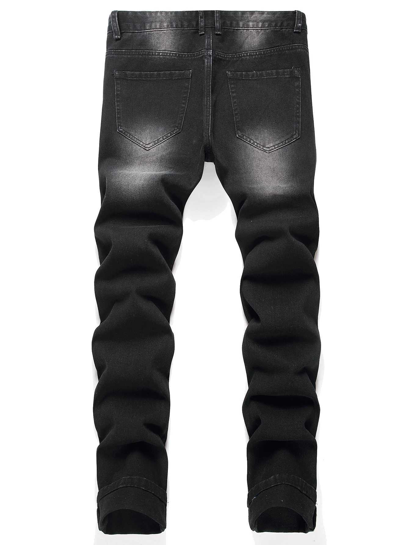 Black Y2K Jeans Mid Rise Straight Leg Man Pants with Silver Star Design Distressed Ripped Denim Clothing Hip Hop Male Streetwear X250812