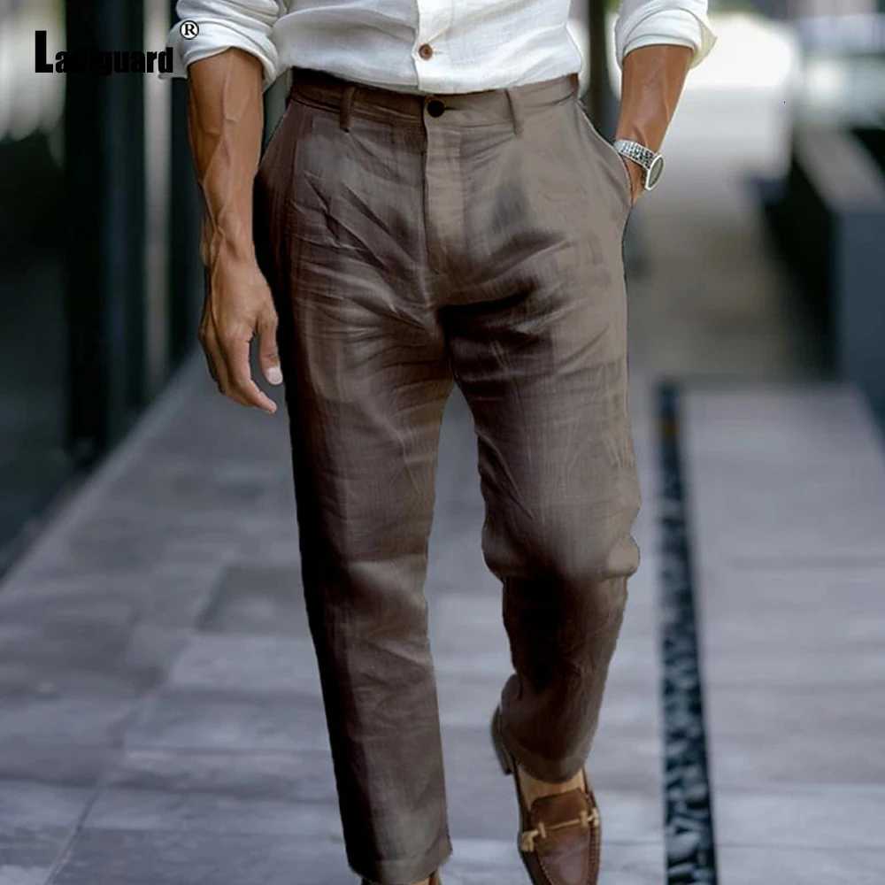 2025 Mens Stand Pocket Linen Beach Pants Solid White Trouser Plus Size Mens Casual Straight Pants Male Ankle-Length Bottoms New W250812