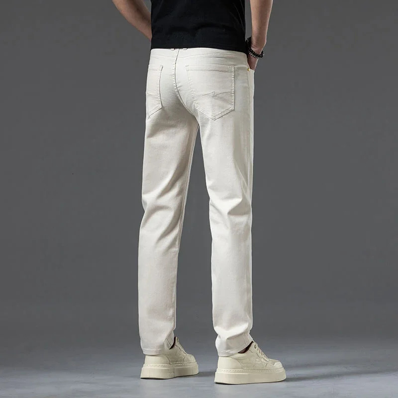 2024 Summer Thin Mens Straight Denim Cotton Stretch Creamywhite Jeans Classic Business Pants Fashion Trousers Male 250801