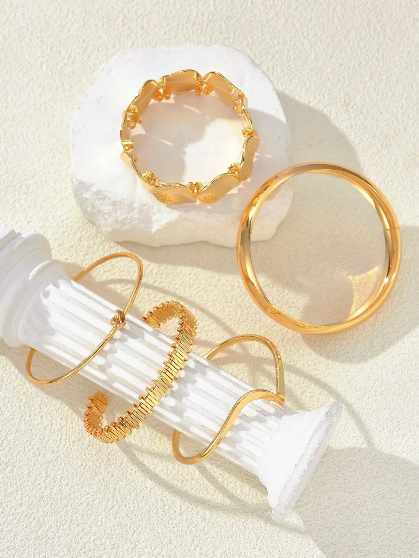 5 Pieces of Retro Exaggerated and Gorgeous Womens Bracelet Set with Geometric Wide Metal Golden Yellow Bracelet Set Suitable for Daily Vacation Party 