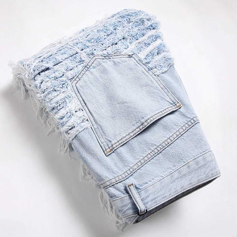 Mens Light Blue Fringe Denim Jeans Ripped Distressed Destroyed Streetwear Pants with Patches Patchwork Loose Fit Trousers X250812