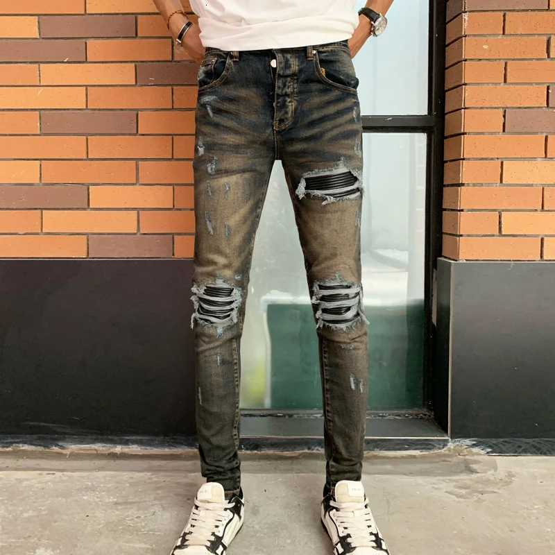 2ke New High-Quality Jeans With Stretch Slim Fit Perforated Patch Washed Deep Blue Jeans Designer High Street Hip-Ho X250812