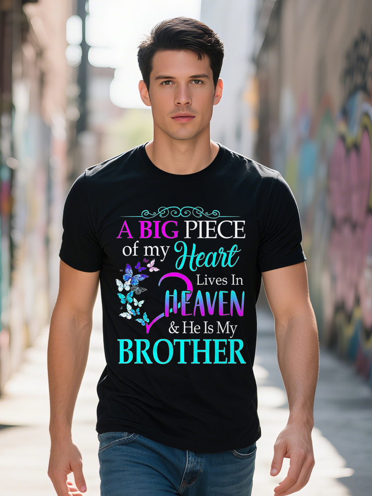 Cotton Men's Plus Size Graphic T-Shirt A Big Piece of Heart Lives in Heaven He Is My Brother Casual Short