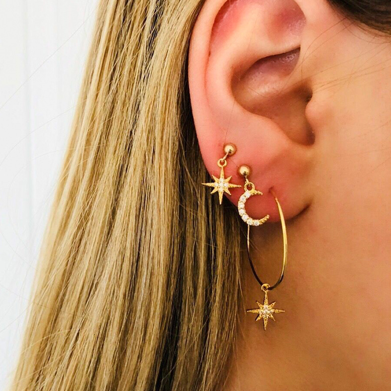 INS Asymmetric Two-Pair Fashion Star Moon Long Earrings Accessories