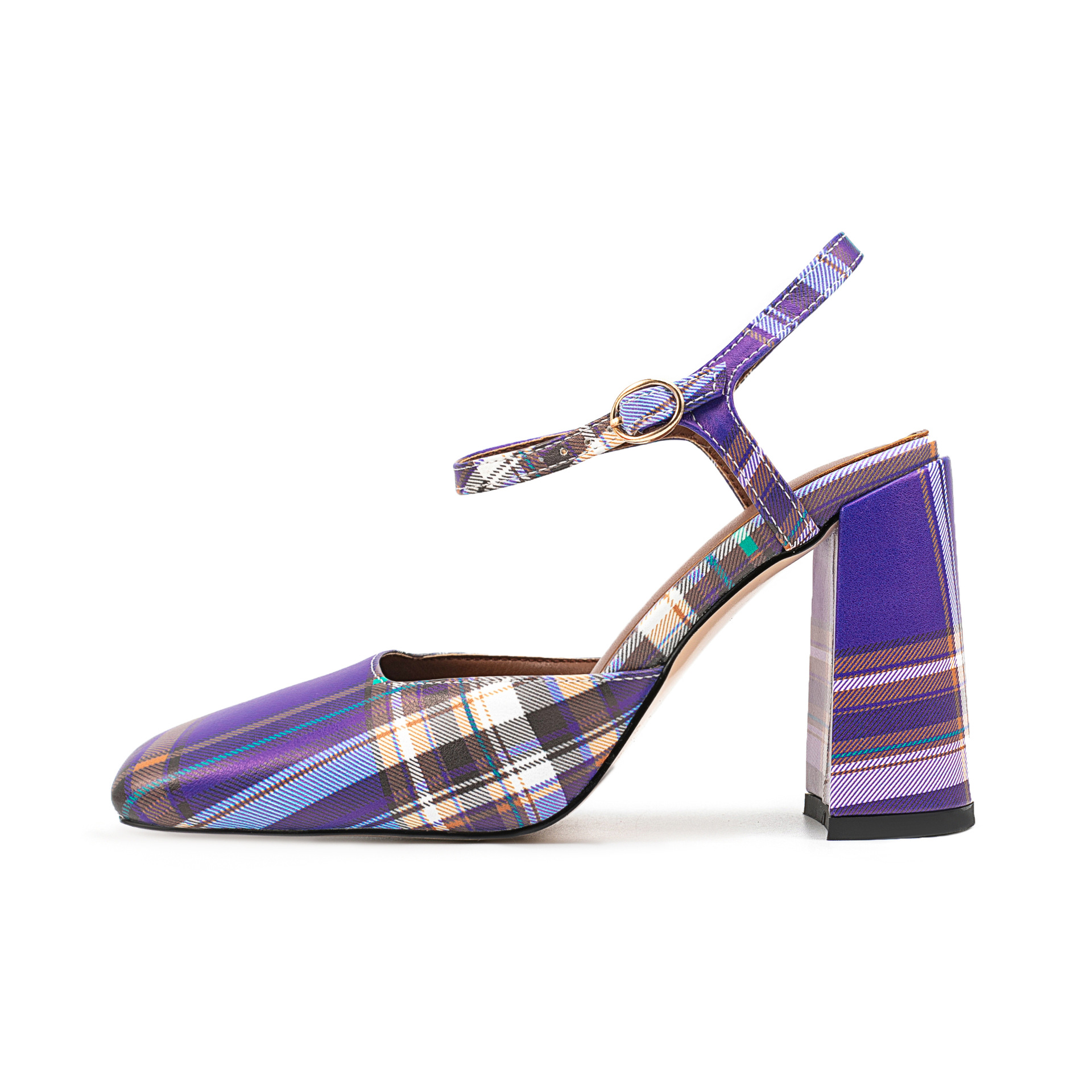 Square-Toe Block Heel Sandals - Checkered Strappy Flats Mustard, Green, Lilac, Red