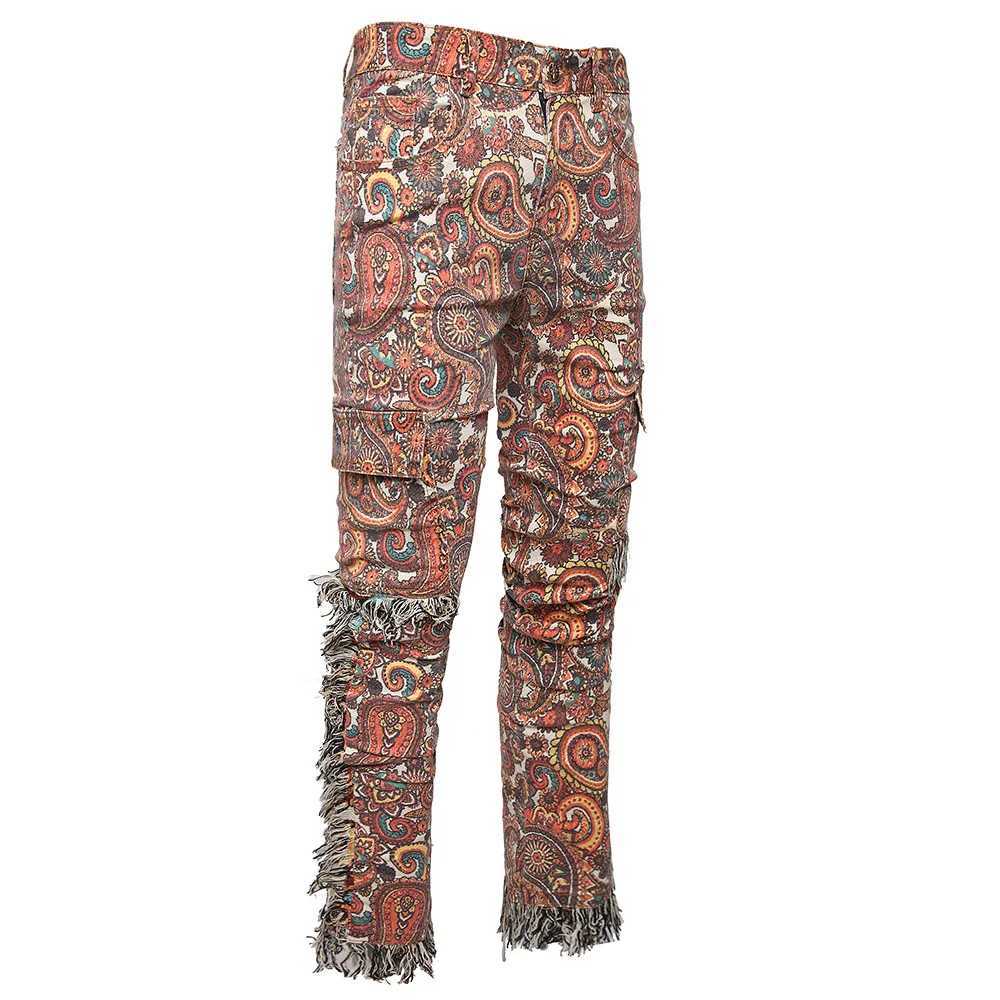 Men Bandana Print Pants Plus Size Multi Pockets Cargo Jeans Fashion Tassels Paisley Bandanna Trousers X250812