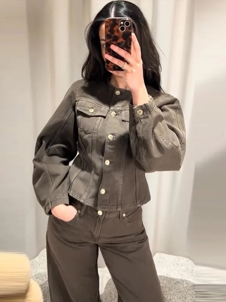 Vintage Solid Denim Jacket Pants Sets Women O-neck Single Breasted Long Sleeve Coat Wide Leg Trousers 2025 Jeans Outfits Street 250808