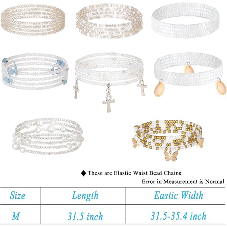 Tornito 8Pcs 31.5 Inches African Waist Bead Chain Elastic Belly Beads Butterfly Shell Layered Body Chain Golden White Tone Jewelry Accessories for Wom