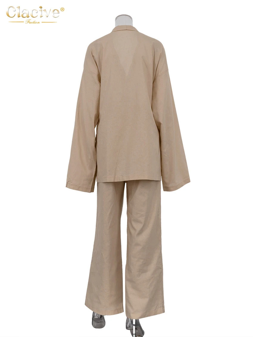 Clacive Casual Loose Khaki 2 Piece Set Women Outfit Fashion Long Sleeve Lace-Up Shirt With High Waist Wide Pants Set Female 250811