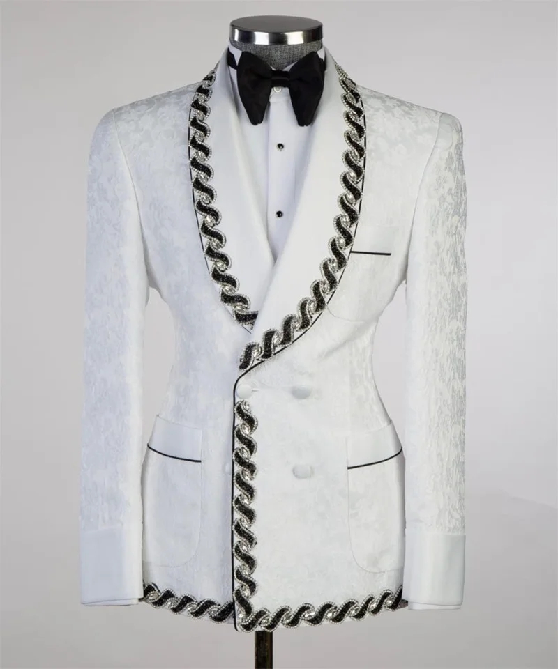 Modern Men Suits Jacquard Tailor-Made 2 Pieces Set Shawl Lapel Jacket Beading Blazer Double Breasted Groom Customized Coat Pants Plus Size