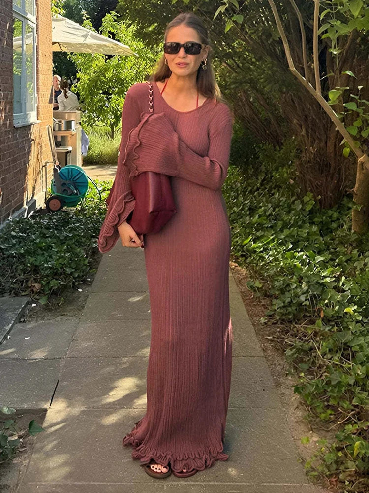 TARUXY Pleated Wavy Knit Maxi Dress For Women Lace-up Long Sleeve Loose Casual Sweater Dress Female Party Clothes Solid Elegant 250805