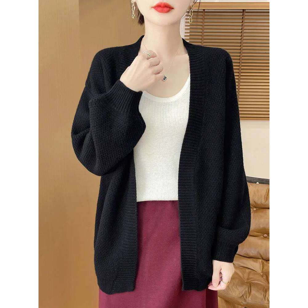 Casual Loose Comfortable Cardigan Women's 100% Merino Wool Knitted Sweater Autumn Winter Warm Soft Simple Elegant Clothing Tops 20250811