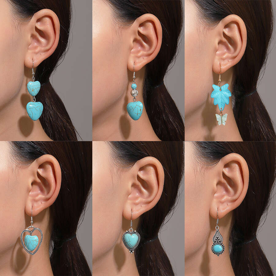 New Heart Turquoise INS Alloy Vintage Geometric Moonstone Drop Earrings Ethnic Style Ear Jewelry