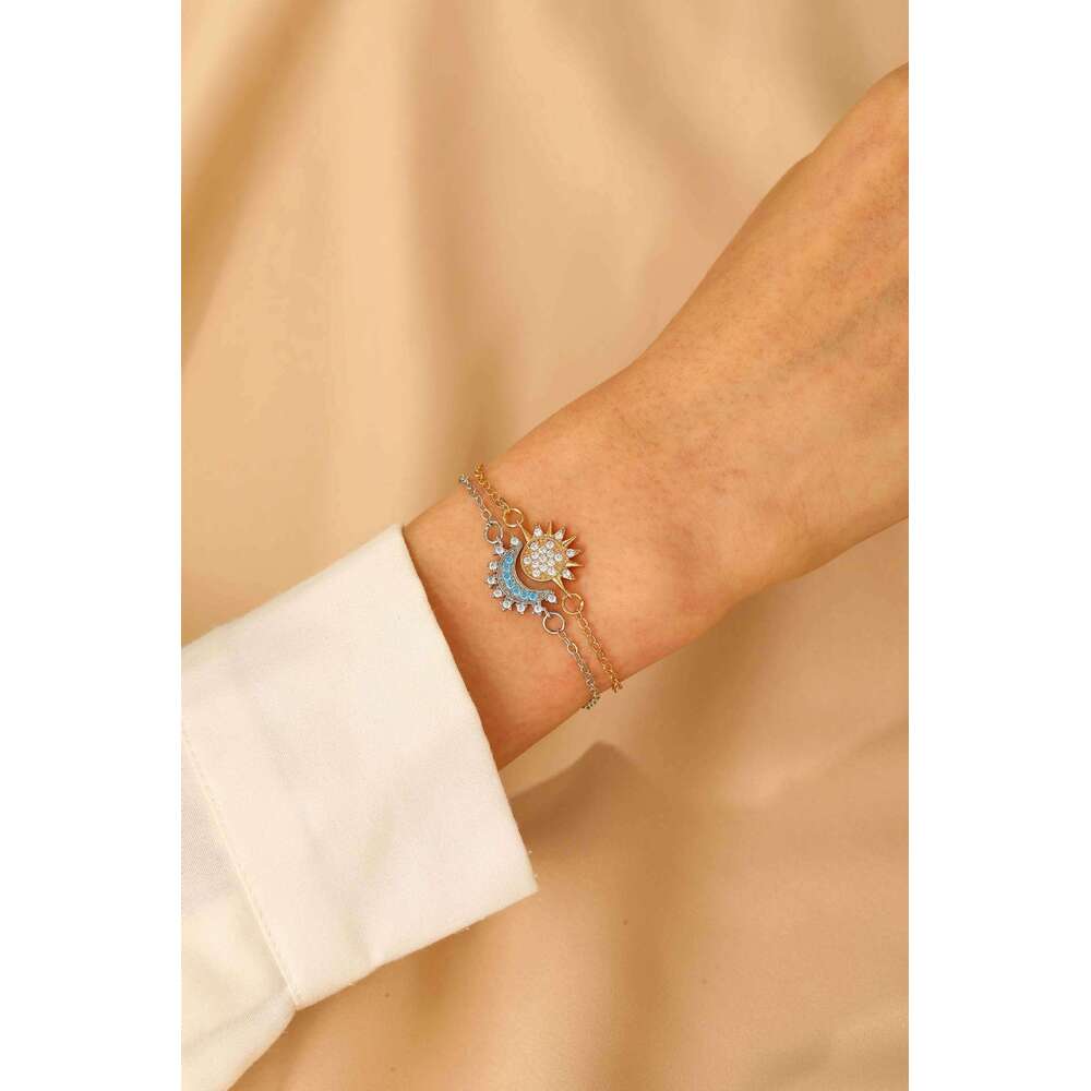 Ins Style Dia-Studded and Ring Bracelet Necklace Jewelry Set for Women Sun Moon Earrings Accessories