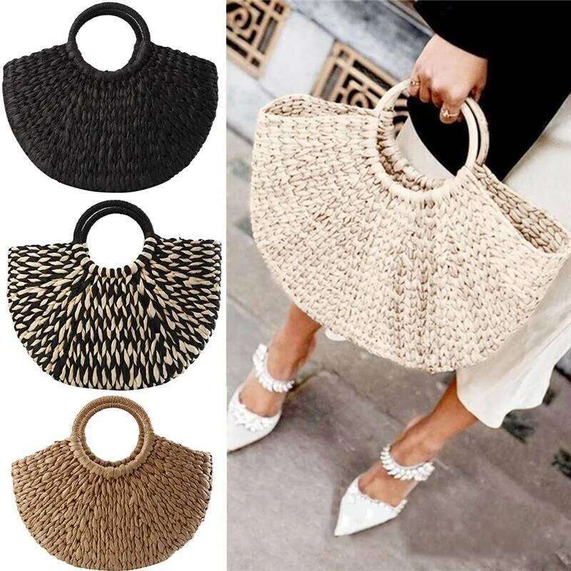 Newly Summer Handmade Bags for Women Weaving Straw Wrapped Beach Bag Moon Shaped Top Handle Handbags Totes Femme designer bags