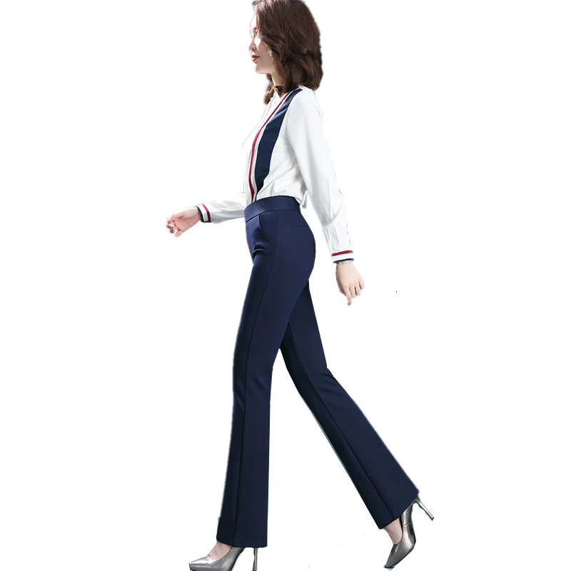Black Womens Elastic Waist Pants Fashion Slim Flare Pant Khaki Camel Trousers Navy Blue Pantalones Female Asian Size S10XL 250811