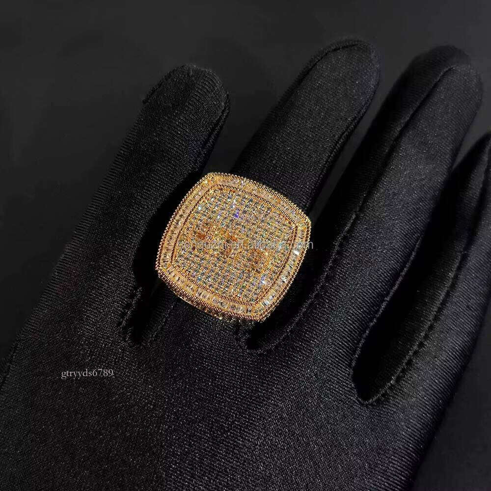 Men's Fashion Custom Gold & Sier Plated Hiphop Style Moissanite Dia Ring Square Design