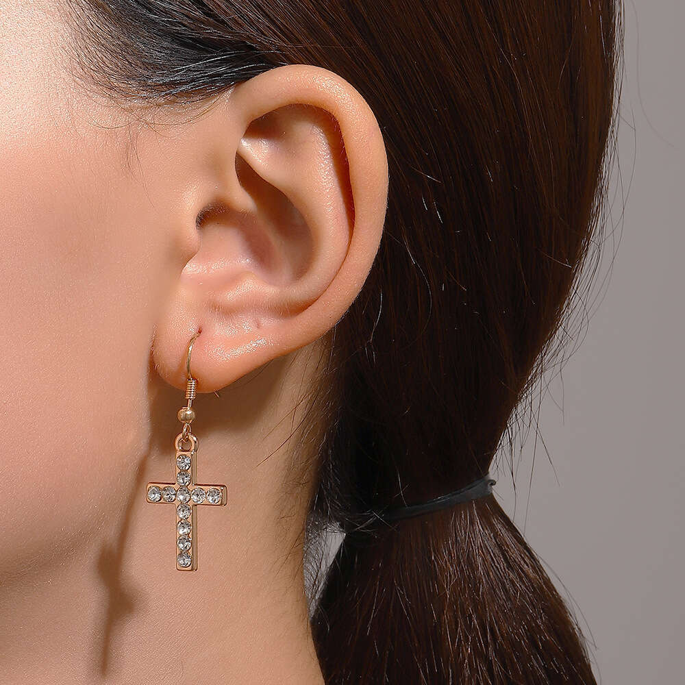 Gothic Dark Dia-Studded Ins Style Personality Temperament Cross Earrings for Women