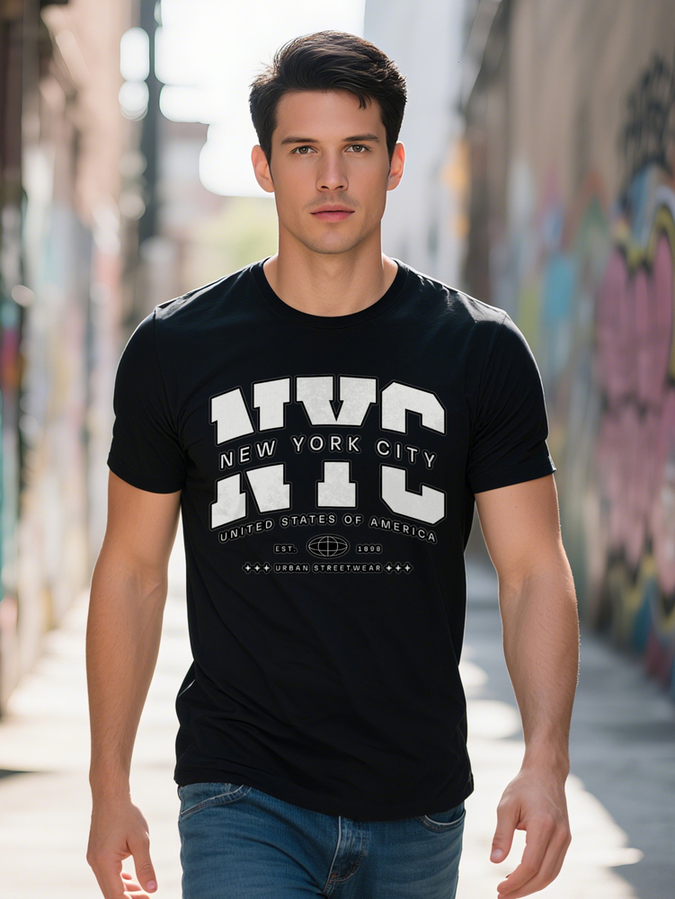 Men s Casual NYC Graphic T-Shirt Black Crew Neck with Bold White Letter Print Short Sleeve Summer Shirt Perfect Gift