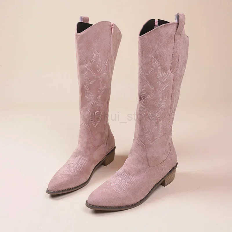 Embroidered Western Cowboy Boots for Women Autumn Pointed Toe Thick Heel High Knee Boots Woman Loose PU Leather Long Botas Mujer M250812