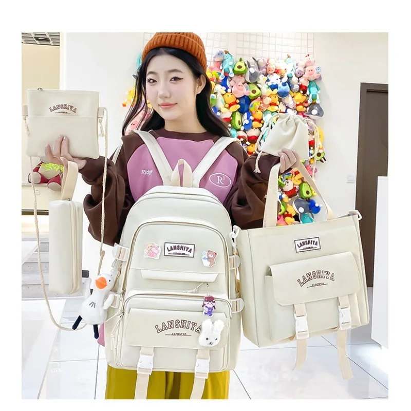 5piece Set of Free Pendants Forest Style Korean Version Casual Harajuku Student Backpack for High School Girls Large Capacity 250811