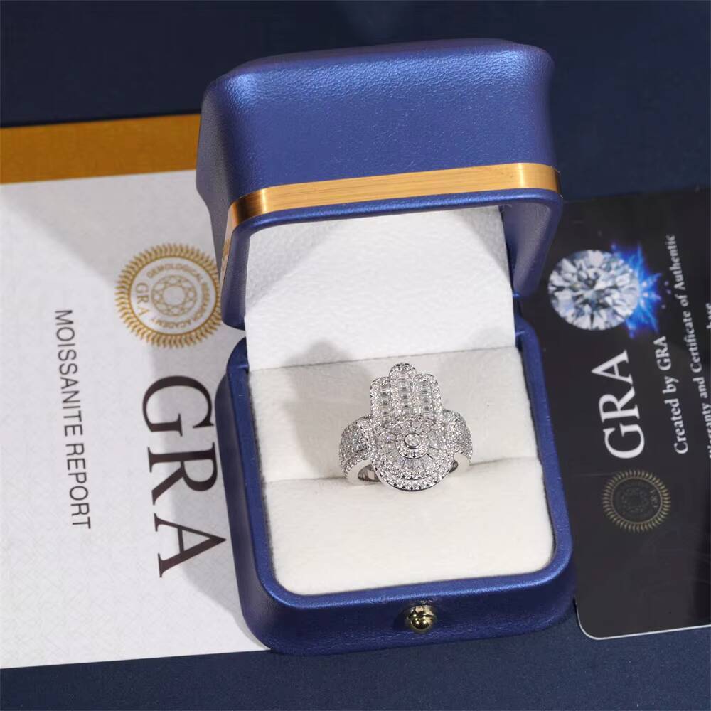 New Arrivals Mens Hip Hop Fashion Jewelry 925 Sterling Silver Iced Out Hamsa Hand Rings with VVS Moissanite Diamond Mens Style