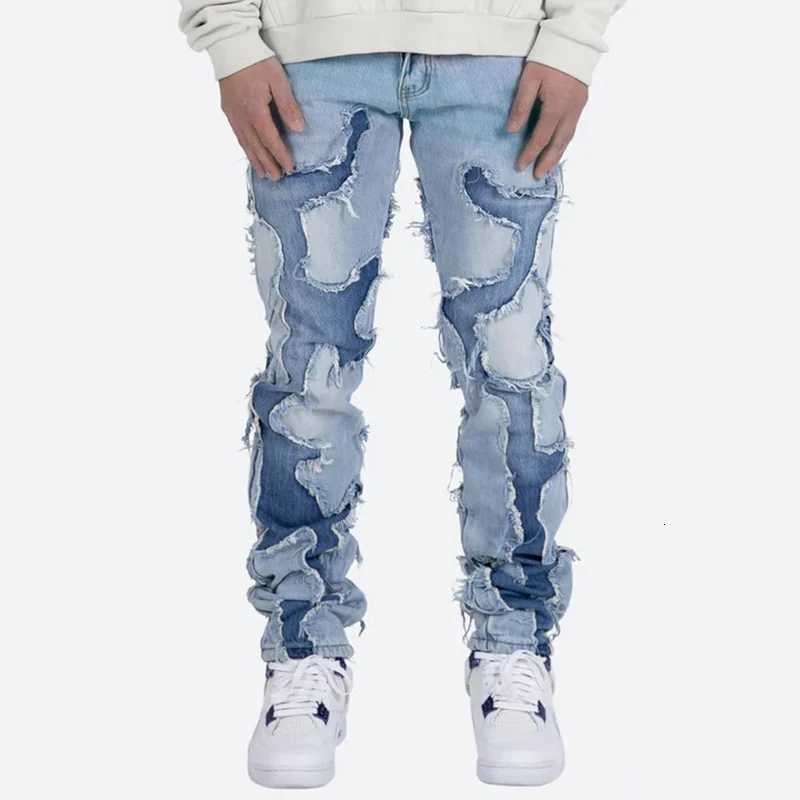 High Street Style Patchwork Frayed Jeans Pants for Men Retro Washed Hole Ripped Casual Loose Denim Trousers Oversized X250812