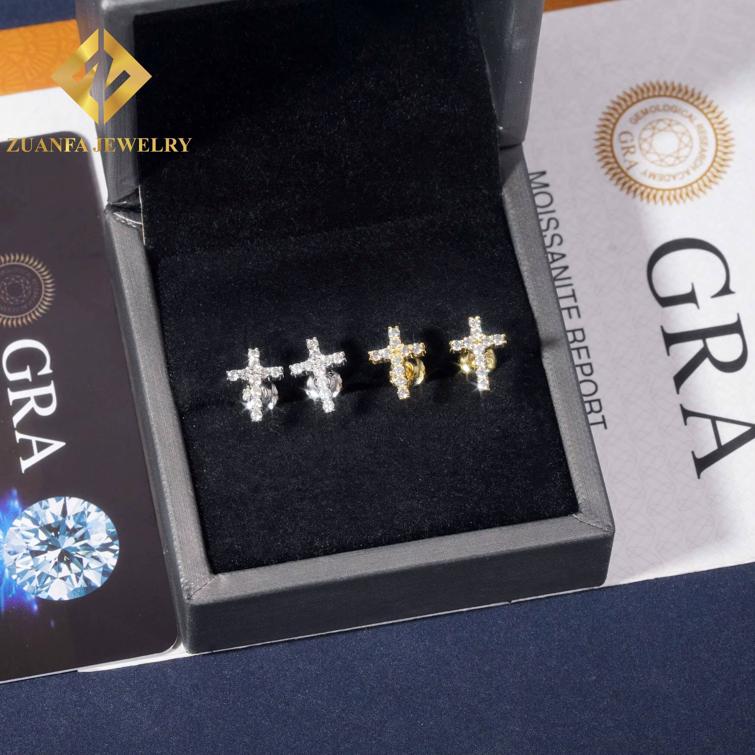 Hip Hop Cross Design Earrings Jewelry 925 Silver Iced Out VVS Moissanite Diamond Cross Earrings Unisex Pass Diamond Tester