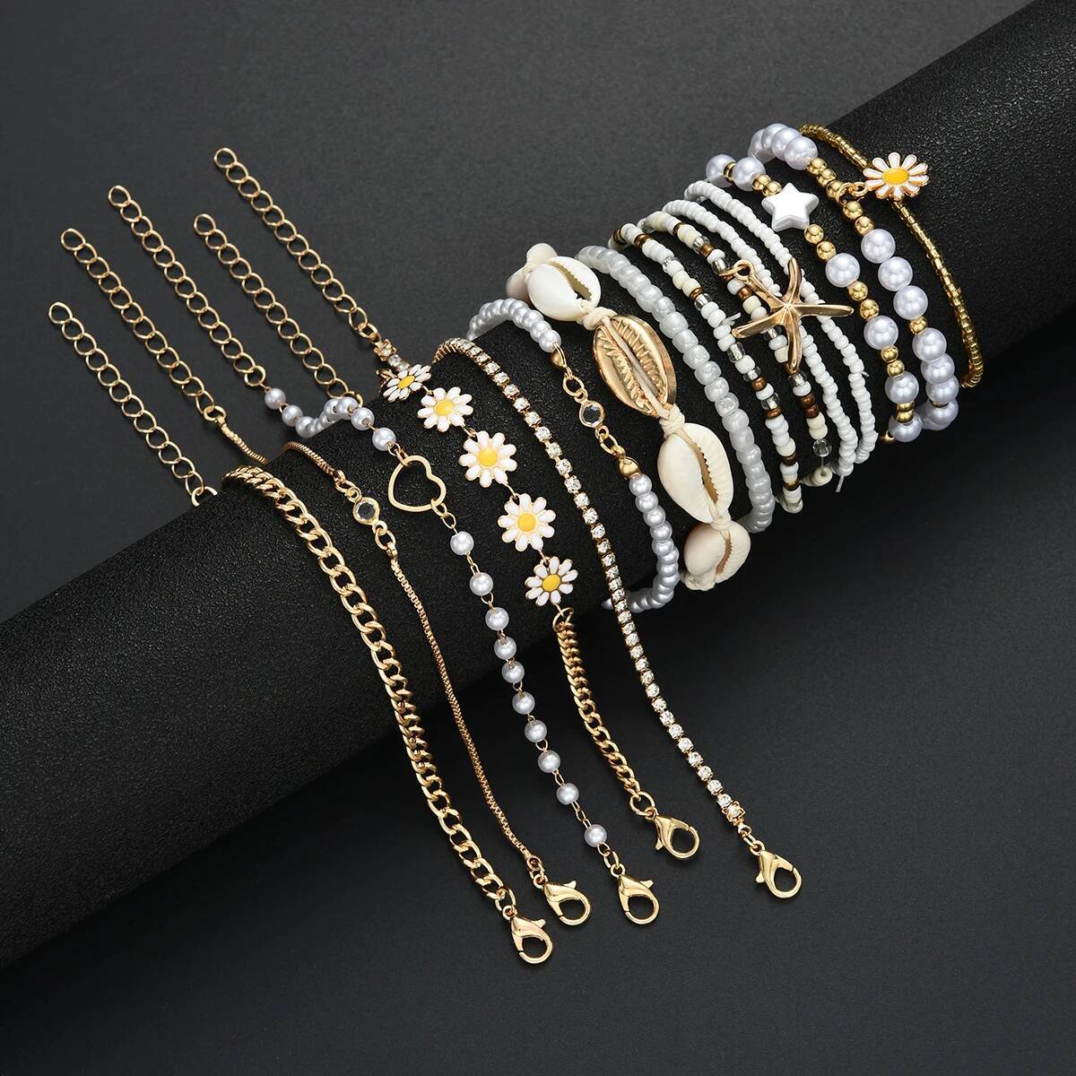 15PCS Bohemian Starfish Shell Rice Beaded For Women Summer Gold White Color Daisy Pearl Bracelets Sets Beach Jewelry