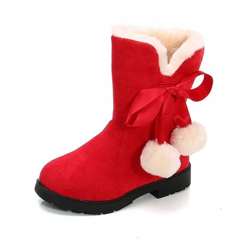 100% Cotton Linen Cotton Linen Cotton Linen for Girls Princess Medium Big Kids Snow Boots Warm Fur Bowtie with Hairball Cute Sweet Plush Suede Boots X