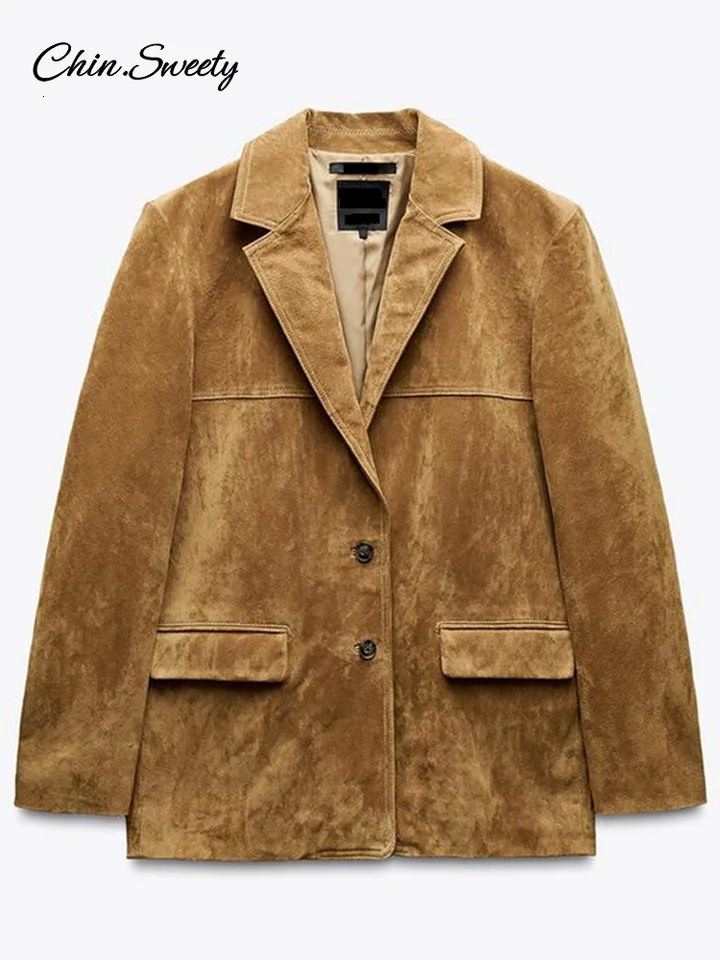 Fashion Womens Khaki Suede Jacket Notched Collar Single Breasted Full Sleeve Blazer Coat 2025 Spring Fall Lady Loose Streetwear 250811