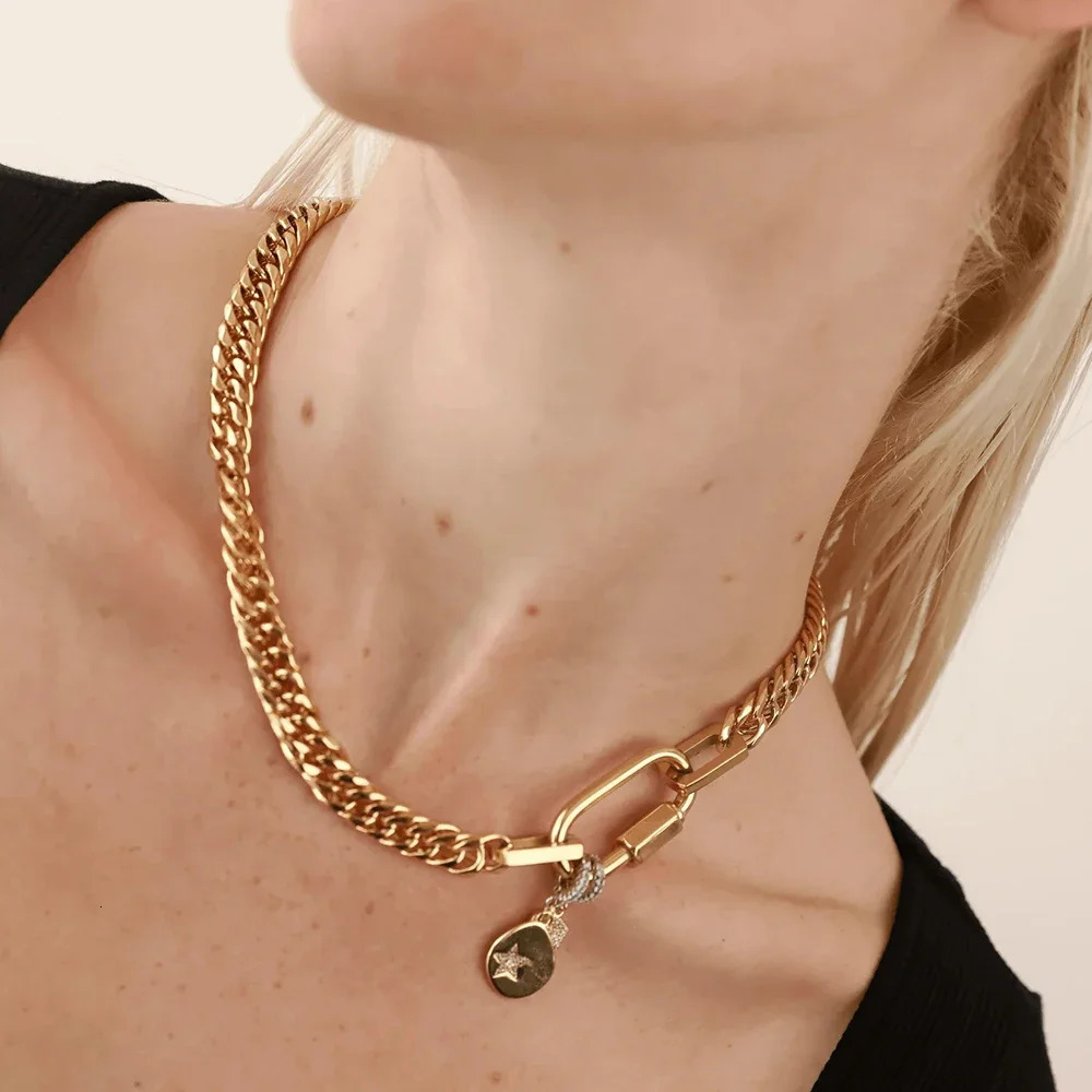 Waterproof Jewelry Tarnish Free 18K Gold Plated Stainless Steel Two Tone Chunky Charm Necklace for Women Cuban Chains Choker 250807