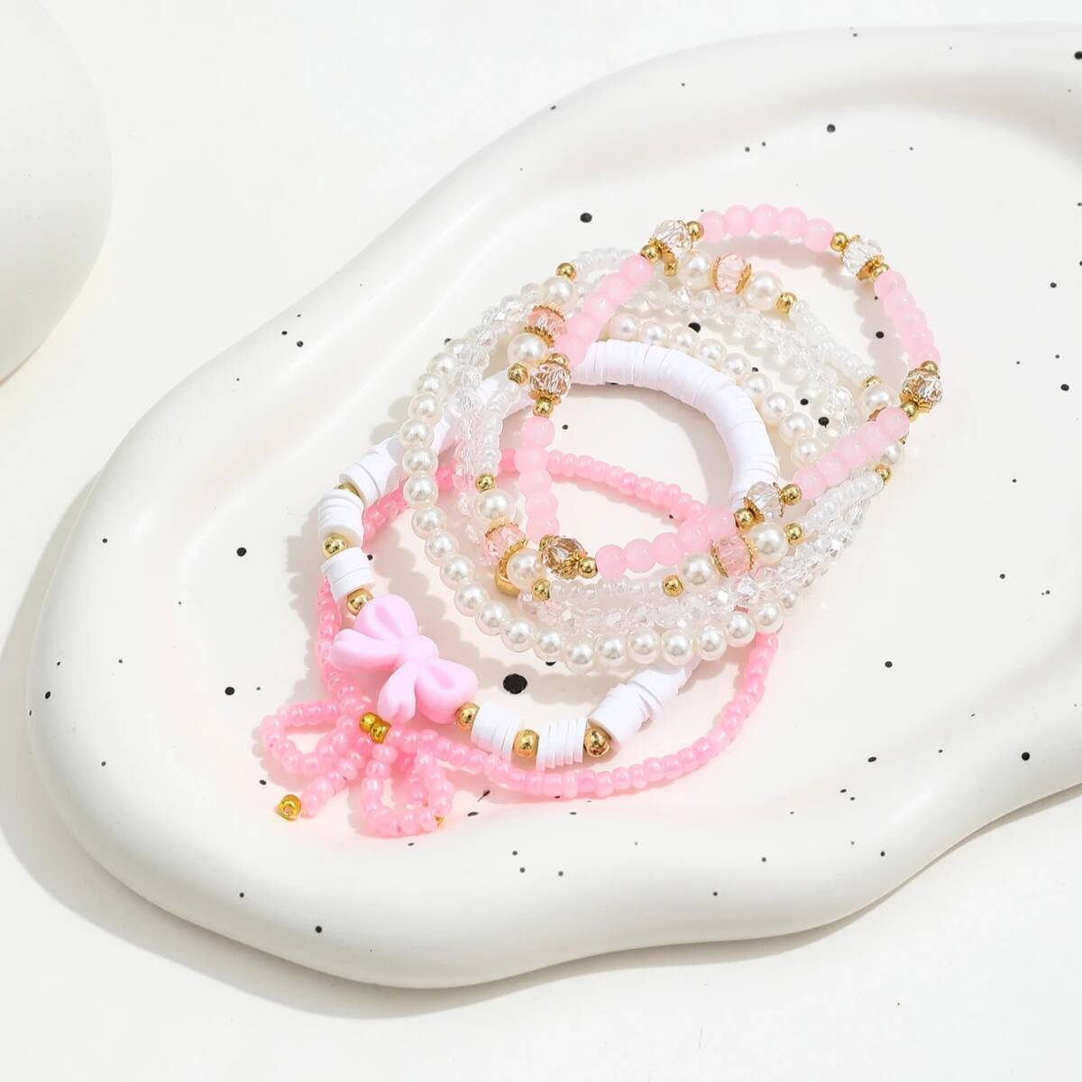 6Pcs/Set European and American Cute Pearl Love Beaded Bow Bracelets Set For Women Simple Design Sweet Jewelry Gifts