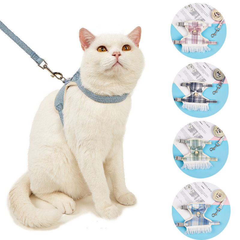 Classic Plaid Cute Dog Collar Harness Leash Set Adjustable Chihuahua Puppy Cat Harnesses Vest for Small Medium Dogs Cats Walking