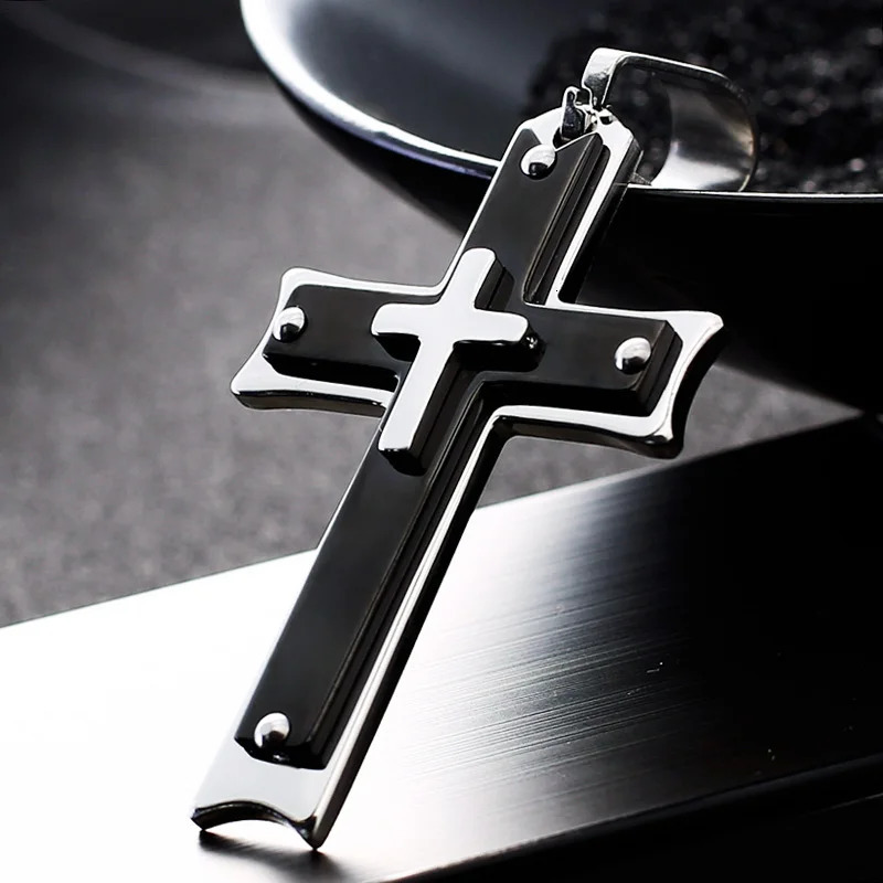 Cool Mens Black silvery Cross Pendant Long Byzantine Chain Necklace Christian Crucifix Necklace Religious Jewelry 250805