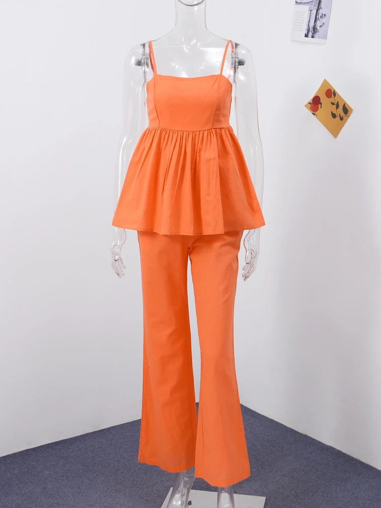 Ruffled Hem Tank Top Pants Sets Women Elegant Sleeveless Backless Loose Strap Vest Wide Leg Trousers Suits 2 Pieces Lady Holiday 250811