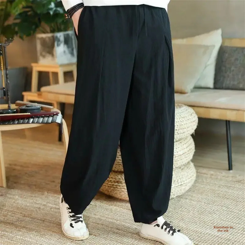 Highwaisted Casual Cotton Linen Trousers Solid Color Wideleg Harem Pants For Men Chinese Style Bloomers Summer Wear 250729