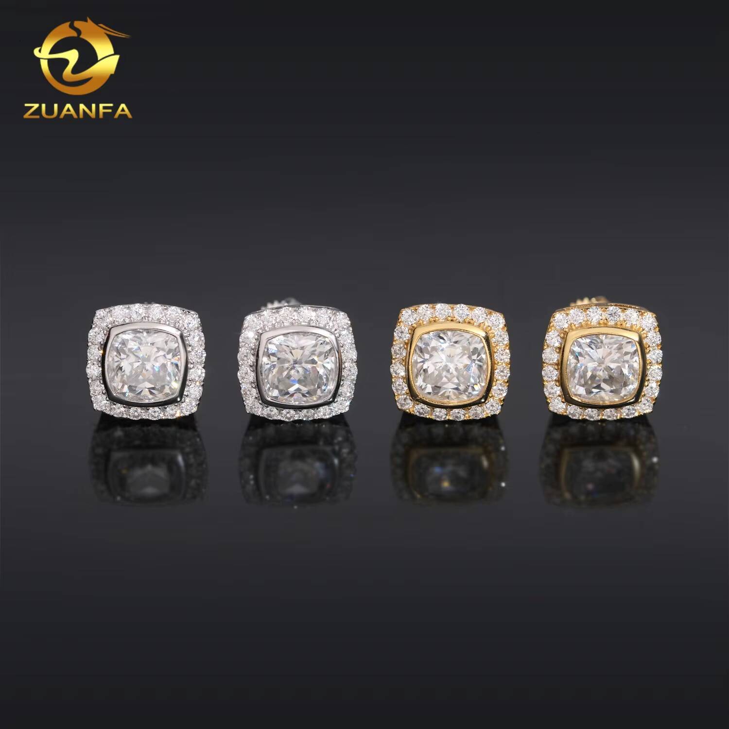 Wholesale D VVS Moissanite Earrings Screw Back Cubshion Cut 6*6mm Halo Stud Earrings 925 Silver Hip Hop Earring