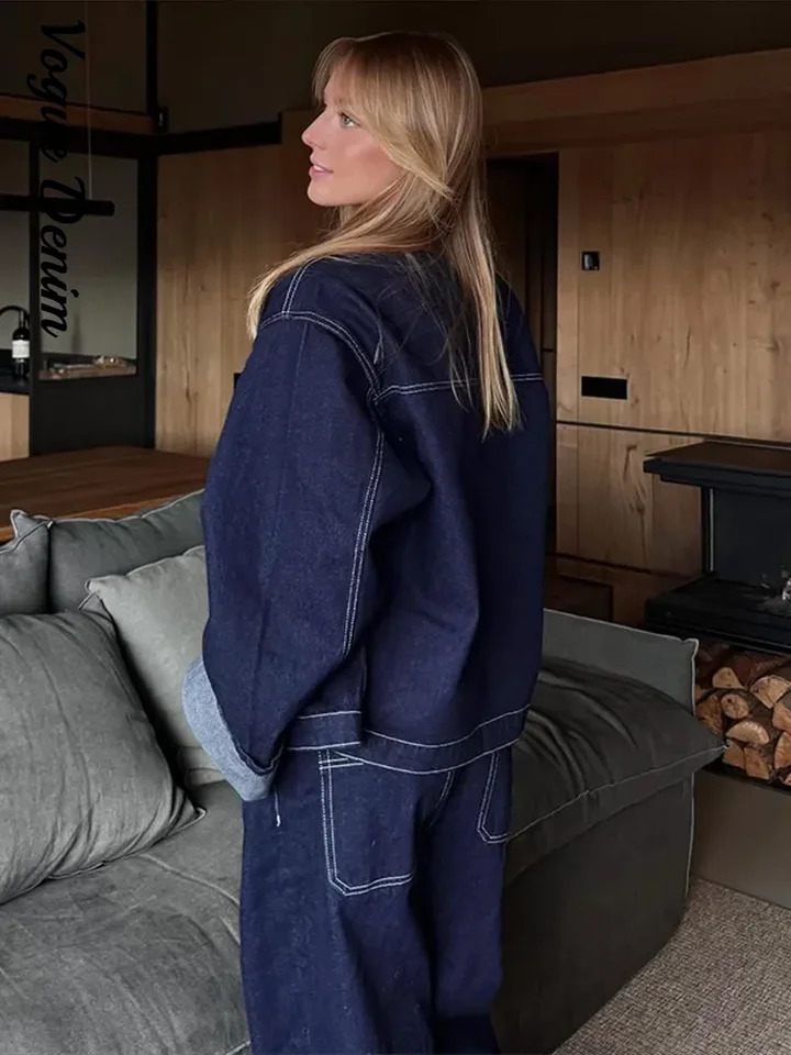 Denim Woman Trousers Two-piece Set Zipper Pockets Revers Sleeve Coats Basic Straight crimping Hem Jeans Casual Lady Outfits 250811